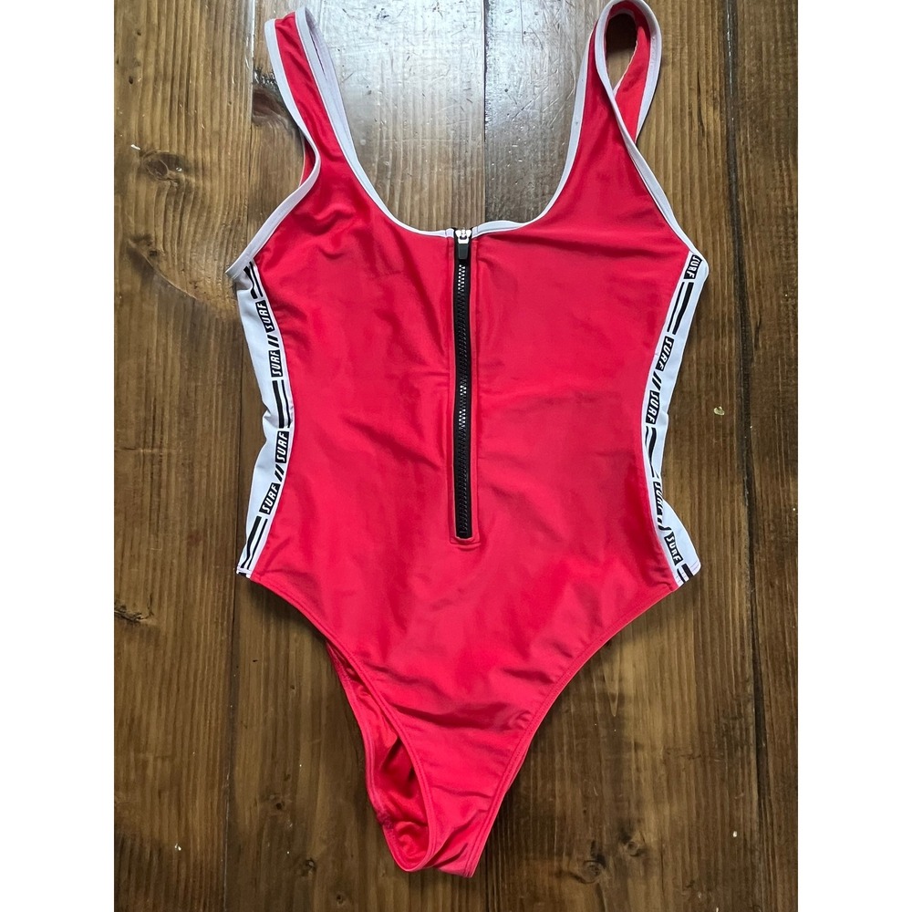 Forever 21 Red Surf Tape Zip Front One Piece Swimsuit Women‎ Red White Small